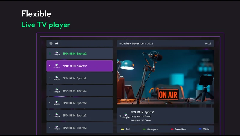 Captura de pantalla de una App con listas M3U y EPG