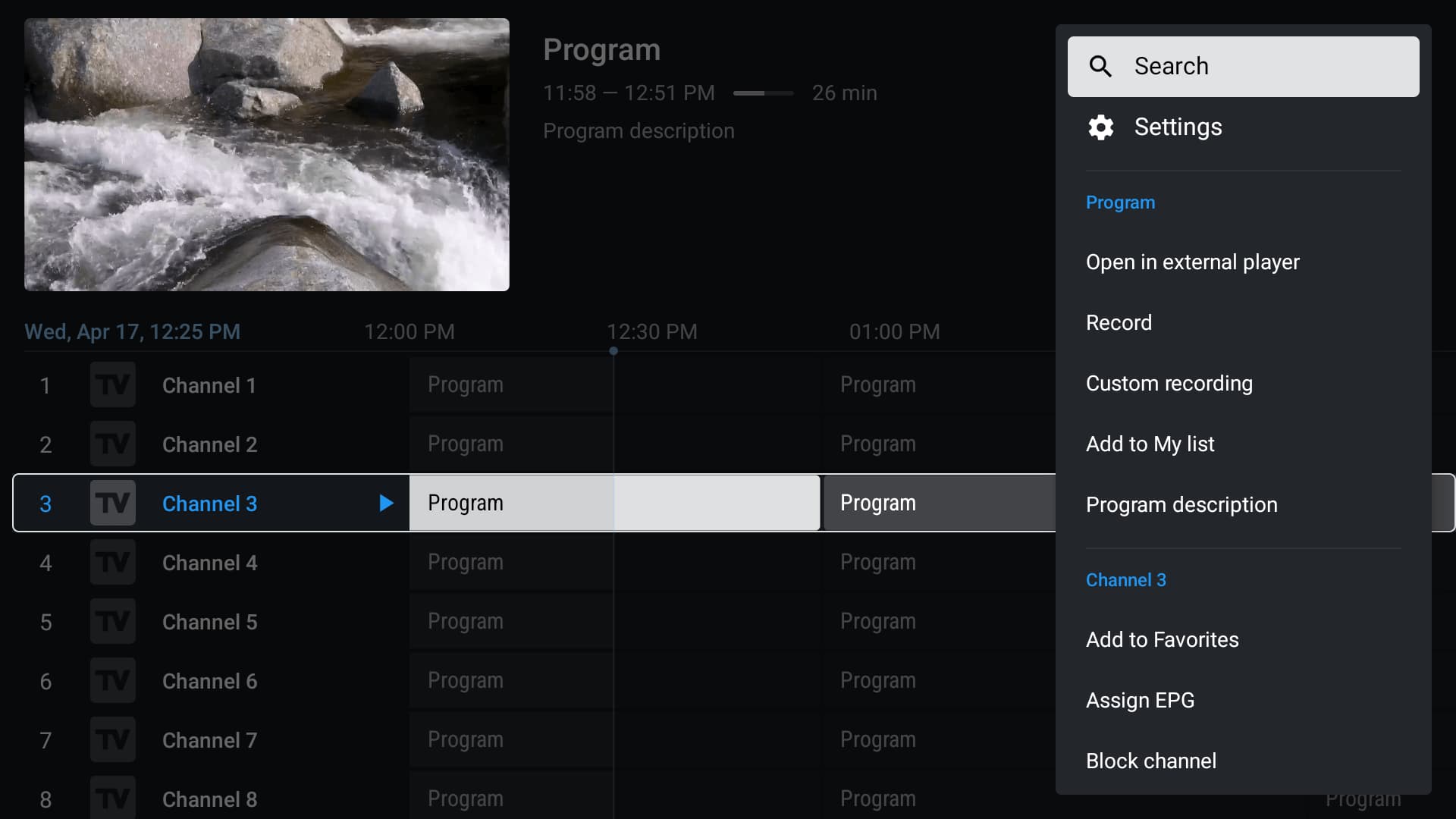 Captura de pantalla de una App con listas M3U y EPG